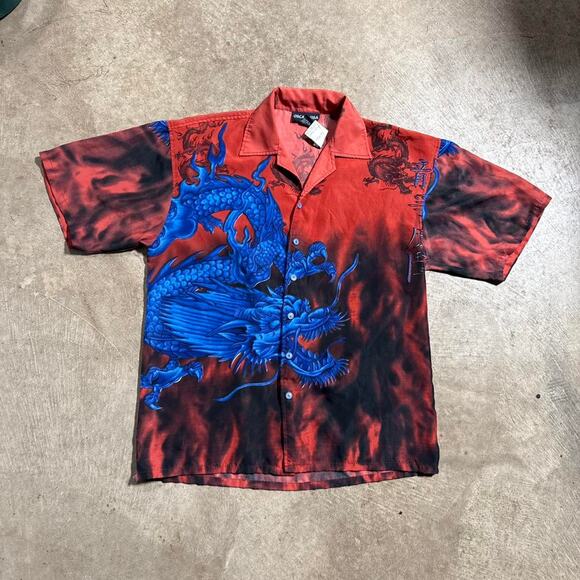 Vintage VTG Y2K Dragon AOP Short Sleeve Button Down Shirt - Picture 5 of 8